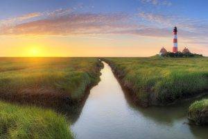 lighthouse, Sunset, Grass, Canal, Clouds, Germany, Yellow, Green, Blue, Nature, Landscape, Water