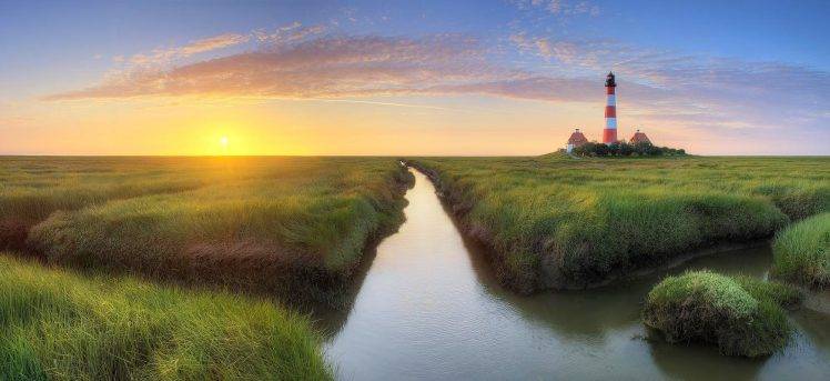 lighthouse, Sunset, Grass, Canal, Clouds, Germany, Yellow, Green, Blue, Nature, Landscape, Water HD Wallpaper Desktop Background