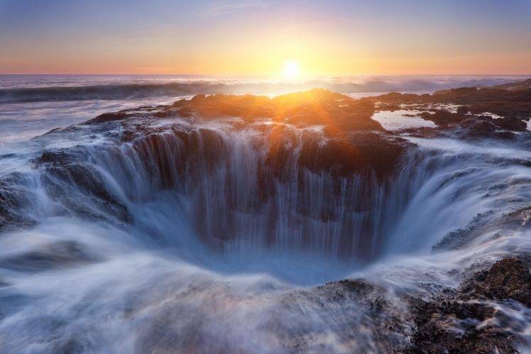 Thors Well, Oregon, Sunset, Sea, Waves, Waterfall, Horizon, Nature, Landscape HD Wallpaper Desktop Background