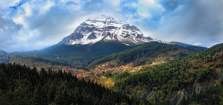 mountain, Forest, Town, Clouds, Snowy Peak, Nature, Landscape, Greece HD Wallpaper Desktop Background