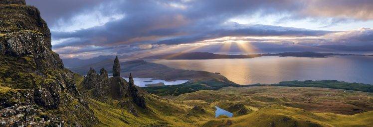 sunrise, Scotland, Island, Sunbeams, Sun Rays, Sea, Bay, Mountain, Clouds, Panoramas, Old Man Of Storr, Nature, Landscape, Grass, Skye, UK HD Wallpaper Desktop Background