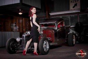 women, Car, Redhead, High Heels, Lucky Devil, Women With Cars, Old Car