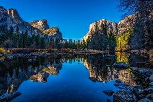 river, Yosemite National Park, Nature, Landscape, Reflection, Cliff, Forest, Mountain, Water, Blue