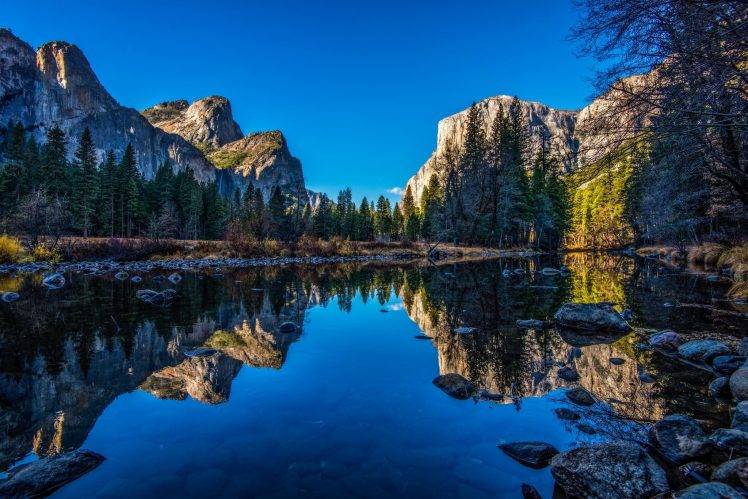 river, Yosemite National Park, Nature, Landscape, Reflection, Cliff, Forest, Mountain, Water, Blue HD Wallpaper Desktop Background