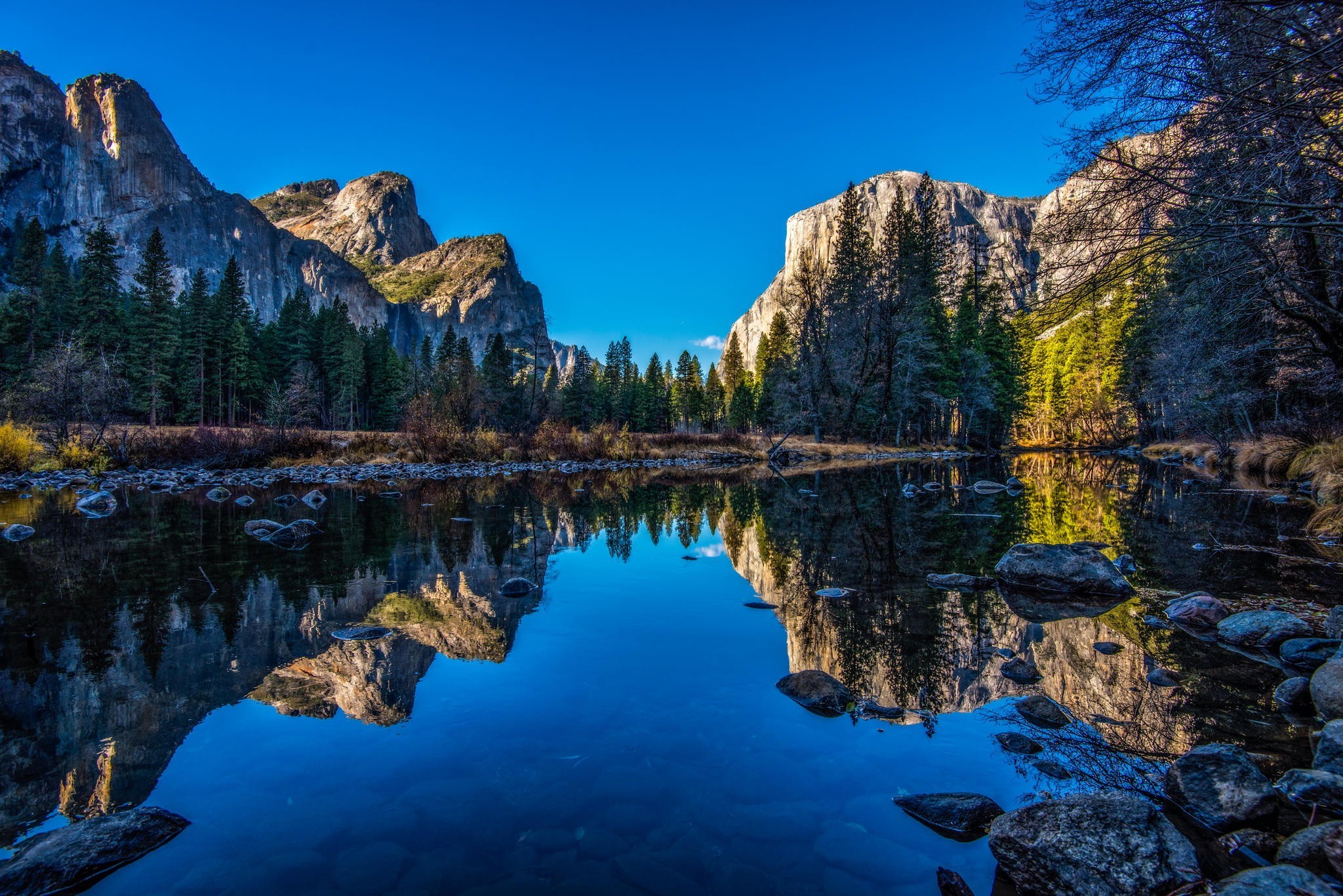 river, Yosemite National Park, Nature, Landscape, Reflection, Cliff, Forest, Mountain, Water, Blue Wallpaper
