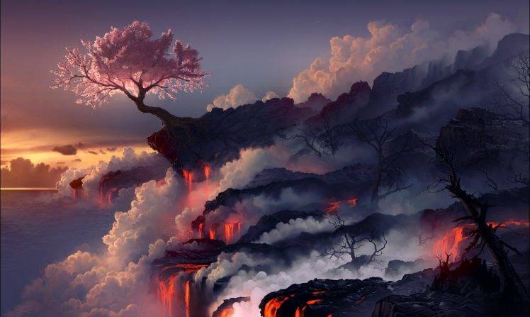 digital Art, Landscape, Cherry Blossom, Trees, Lava HD Wallpaper Desktop Background