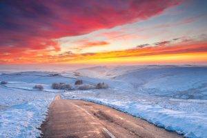 sunset, Clouds, Winter, Road, Snow, Hill, Yellow, Red, Light Blue, Nature, Landscape, Plains