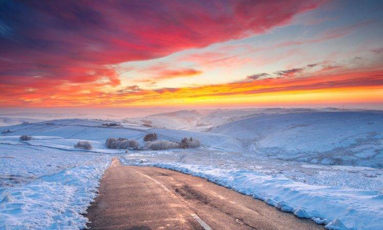 sunset, Clouds, Winter, Road, Snow, Hill, Yellow, Red, Light Blue, Nature, Landscape, Plains HD Wallpaper Desktop Background
