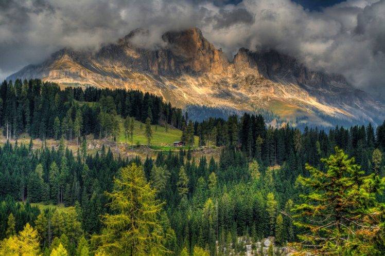 mountain, Cliff, Cottage, Forest, Lights, Trees, Clouds, Summer, Nature, Landscape, HDR HD Wallpaper Desktop Background