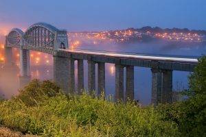 mist, Bridge, Shrubs, City, Evening, Street Light, Landscape, Cityscape, Nature, River