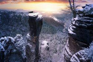 winter, Sunset, Forest, Cliff, Snow, Nature, Landscape, Germany, Clouds, Trees, Mountain