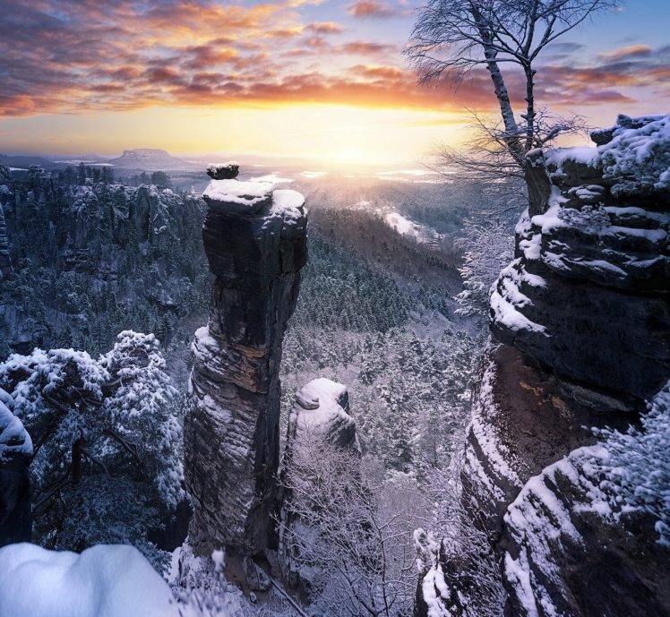 winter, Sunset, Forest, Cliff, Snow, Nature, Landscape, Germany, Clouds, Trees, Mountain HD Wallpaper Desktop Background