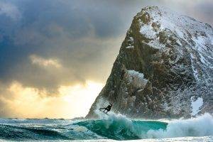 surfing, Sea, Waves, Rock, Clouds, Nature, Landscape, Water