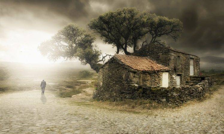 house, Trees, Clouds, Old, Nature, Gray, Mist, Landscape HD Wallpaper Desktop Background