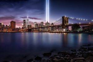 cityscape, New York City, Brooklyn Bridge, Night, Artificial Lights, Landscape, Water, Skyscraper, Building, River, Never Forget