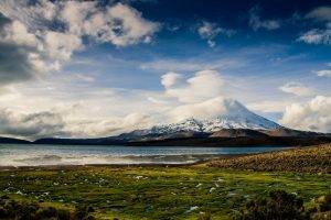 lake, Grass, Mountain, Volcano, Clouds, Chile, Snowy Peak, Nature, Landscape