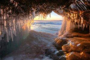 ice, Lake, Russia, Cave, Sunset, Frost, Nature, Water, Landscape, Cold