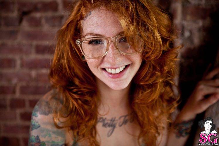 Suicide Girls, Glasses, Redhead, Smiling, Tattoo, Freckles, Face, Women HD Wallpaper Desktop Background