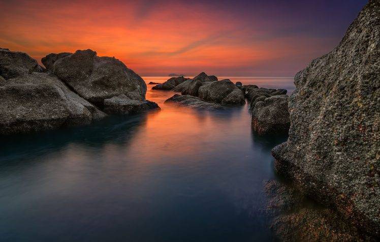 coast, Rock, Sunset, Clouds, Sea, Blue, Orange, Water, Landscape, Nature HD Wallpaper Desktop Background