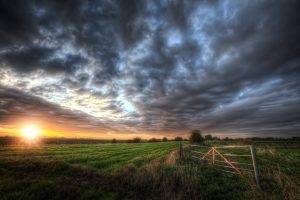 clouds, Dark, Field, Sunset, Grass, Yellow, Green, Gates, Blue, Nature, Landscape