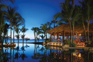evening, Swimming Pool, Palm Trees, Resort, Sea, Beach, Reflection, Artificial Lights, Mexico, Landscape, Water