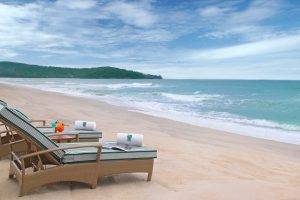beach, Sand, Sea, Hill, Clouds, Chair, Drink, Summer, Tropical, Nature, Landscape