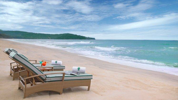 beach, Sand, Sea, Hill, Clouds, Chair, Drink, Summer, Tropical, Nature, Landscape HD Wallpaper Desktop Background