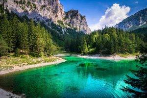lake, Forest, Green, Mountain, Water, Summer, Grass, Cliff, Clouds, Austria, Nature, Landscape