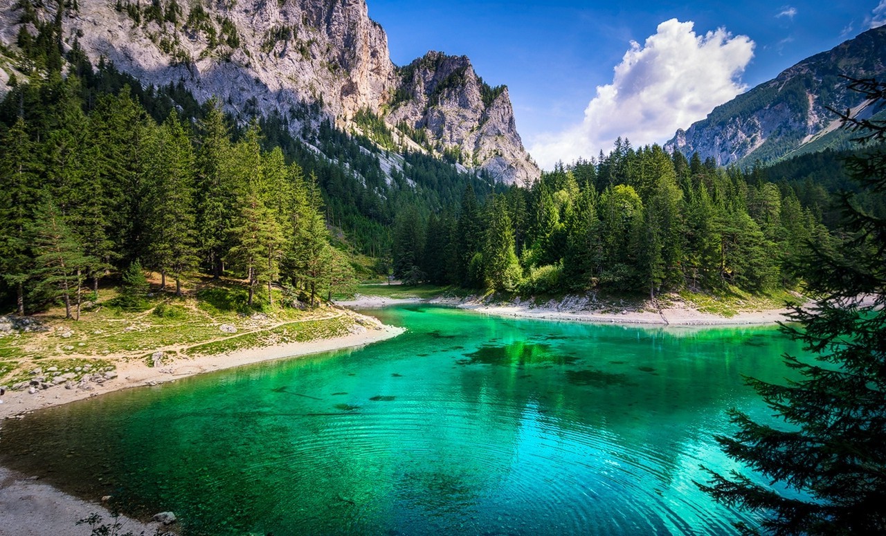lake, Forest, Green, Mountain, Water, Summer, Grass, Cliff, Clouds, Austria, Nature, Landscape Wallpaper