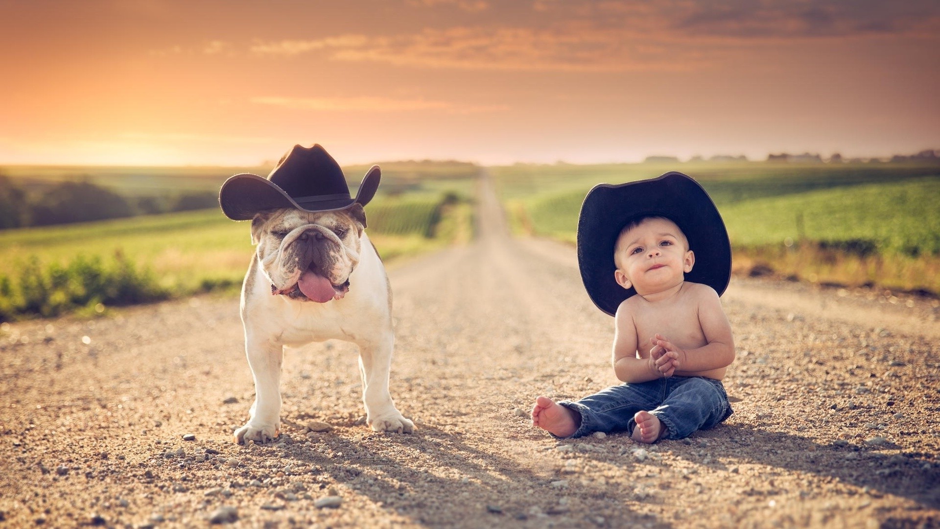 children, Dog, Cowboy Hats, Animals, Jake Olson, Road, Nebraska Wallpaper