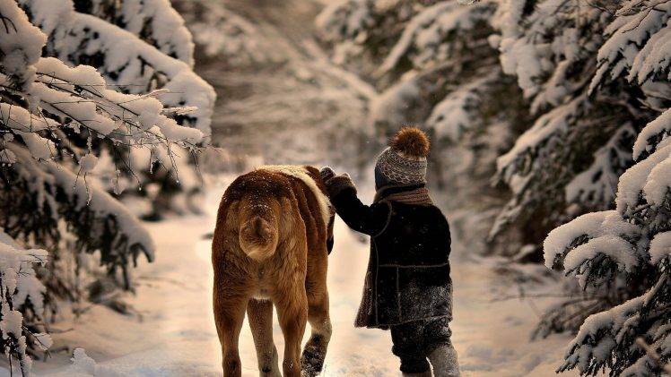 children, Dog, Snow, Animals HD Wallpaper Desktop Background