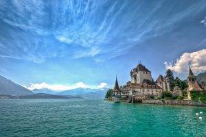 lake, Mountain, Clouds, Castle, Summer, Switzerland, Lake Thun, Nature, Landscape, Water, Green, Blue