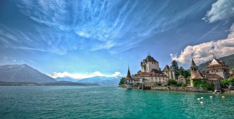 lake, Mountain, Clouds, Castle, Summer, Switzerland, Lake Thun, Nature, Landscape, Water, Green, Blue HD Wallpaper Desktop Background
