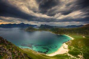 beach, Island, Utsikt, Sea, Mountain, Norway, Clouds, Road, Grass, Bay, Green, Nature, Landscape