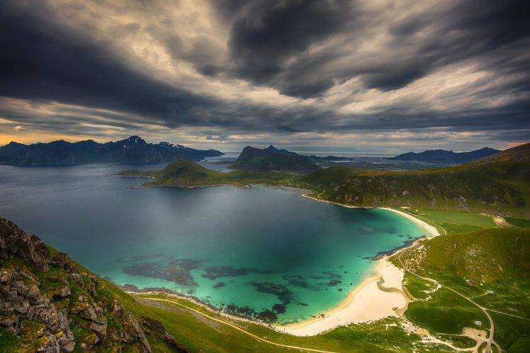 beach, Island, Utsikt, Sea, Mountain, Norway, Clouds, Road, Grass, Bay, Green, Nature, Landscape HD Wallpaper Desktop Background