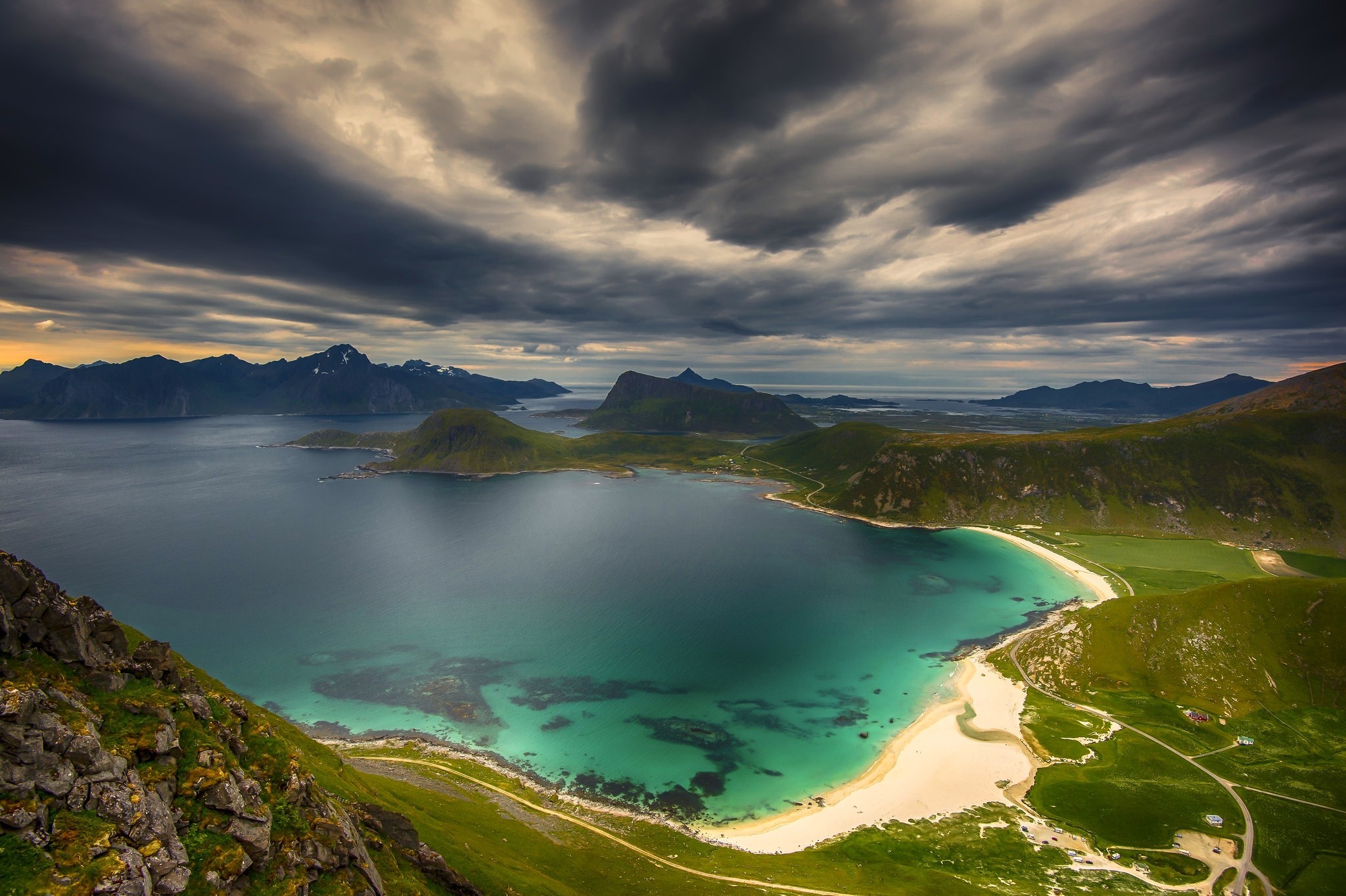 beach, Island, Utsikt, Sea, Mountain, Norway, Clouds, Road, Grass, Bay, Green, Nature, Landscape Wallpaper