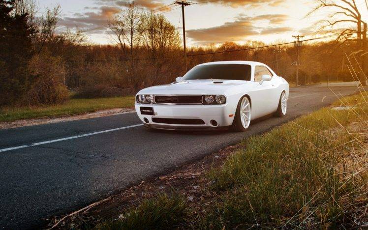 car, Dodge, Dodge Challenger, Dodge Challenger SRT, Road, Sunset, Vossen HD Wallpaper Desktop Background
