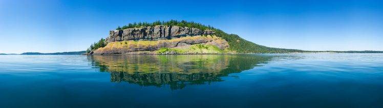 panoramas, Island, Cliff, Forest, Lake, Water, Blue, Green, Nature, Landscape, Reflection HD Wallpaper Desktop Background