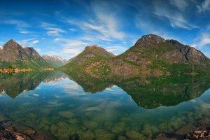 mountain, Water, Reflection, Norway, Lake, Snowy Peak, Villages, Nature, Landscape