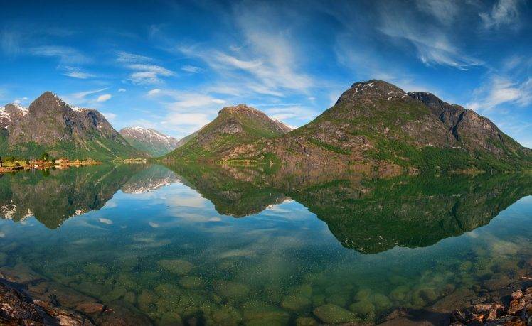 mountain, Water, Reflection, Norway, Lake, Snowy Peak, Villages, Nature, Landscape HD Wallpaper Desktop Background