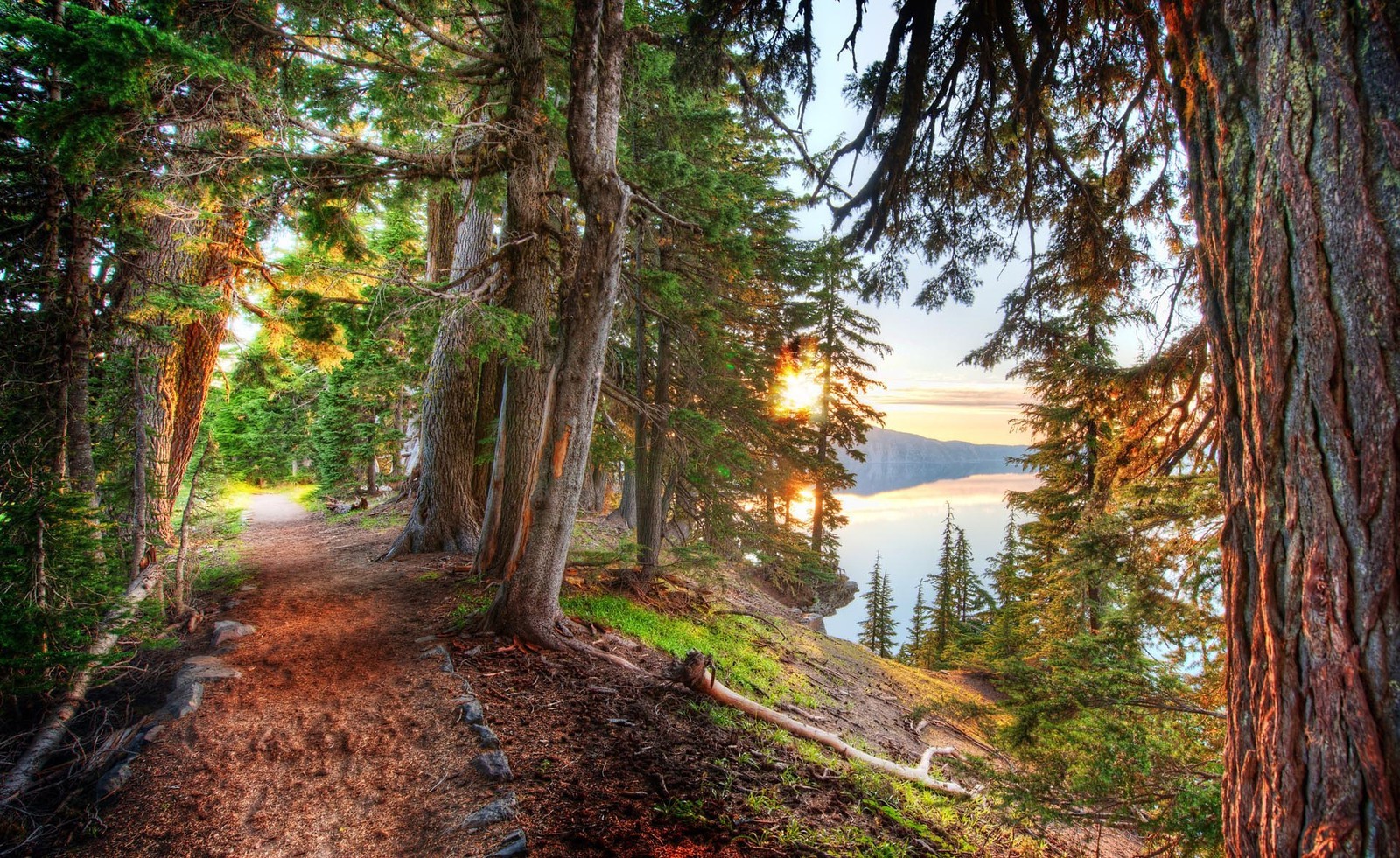 Forest, Path, Crater Lake, Trees, Lake, HDR, Sunset, Hill, Nature