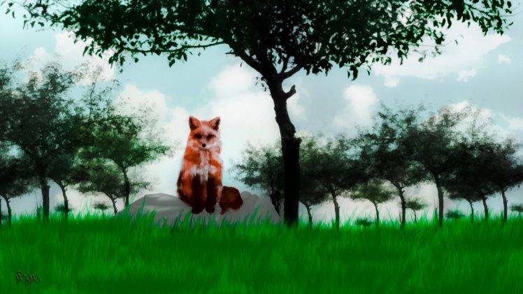 artwork, Fox, Trees, Nature, Sky HD Wallpaper Desktop Background