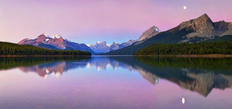 moon, Lake, Lake Maligne, Canada, Mountain, Forest, Snowy Peak, Water, Nature, Landscape HD Wallpaper Desktop Background