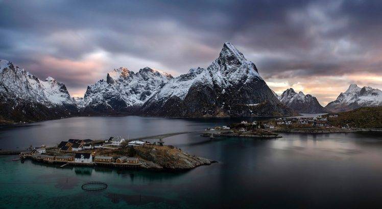 mountain, Town, Island, Norway, Lofoten, Bridge, Sea, Snowy Peak, Water, Clouds, Nature, Landscape HD Wallpaper Desktop Background