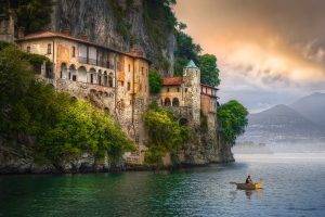 Italy, Hermitage, Cliff, Clouds, Mountain, Boat, Trees, Water, Landscape, Nature