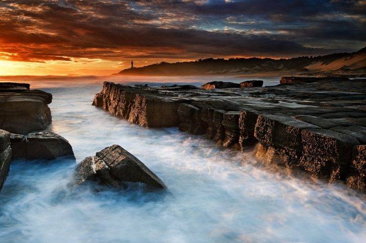 sunset, Cliff, Sea, Clouds, Beach, Hill, Nature, Landscape, Rock HD Wallpaper Desktop Background