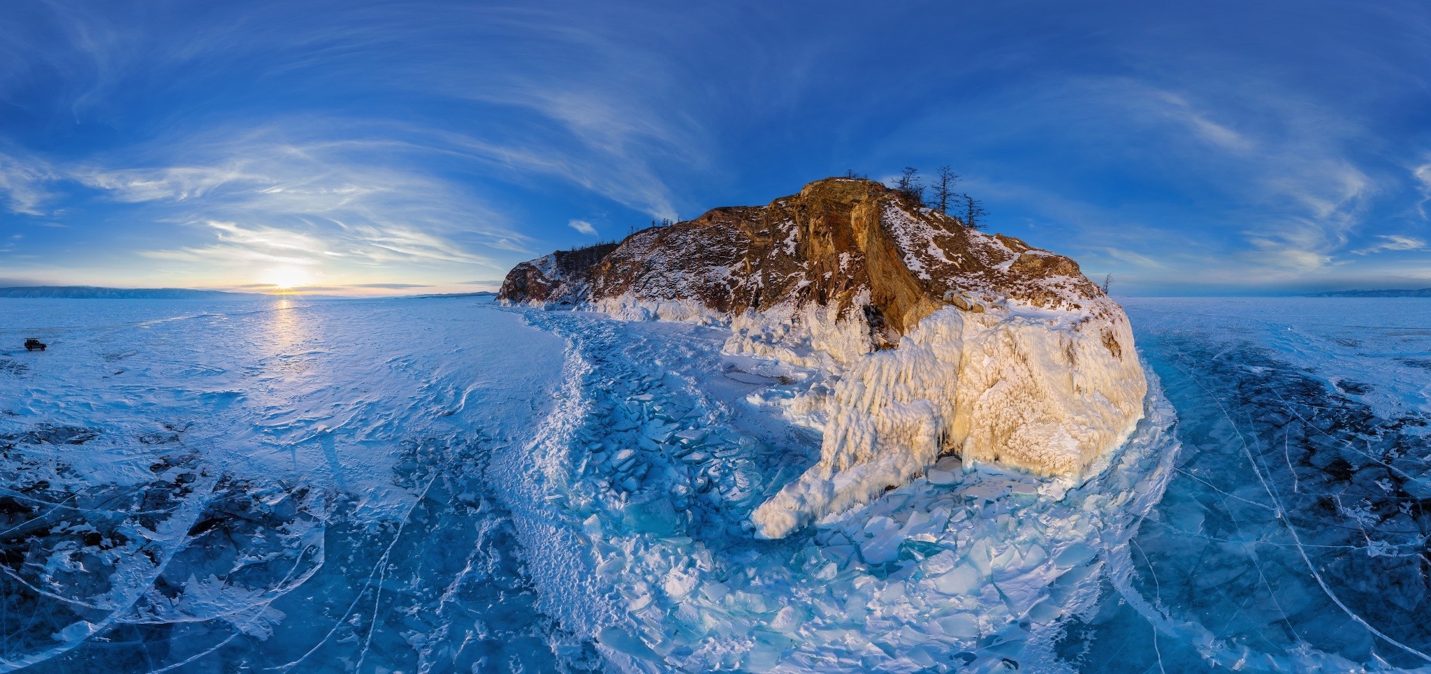 Lake Baikal, Winter, Ice, Frost, Lake, Clouds, Island, Sunset, Panoramas, Trees, Jeep, Nature, Landscape Wallpaper