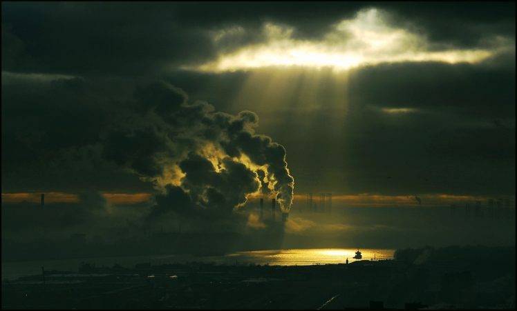 smoke, Netherlands, Sunbeams, Clouds, River, Smog, City, Landscape, Pollution HD Wallpaper Desktop Background