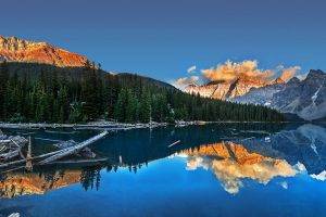 Moraine Lake, Sunset, Summer, Lake, Canada, Mountain, Water, Forest, Cliff, Reflection, Blue, Clouds, Nature, Landscape