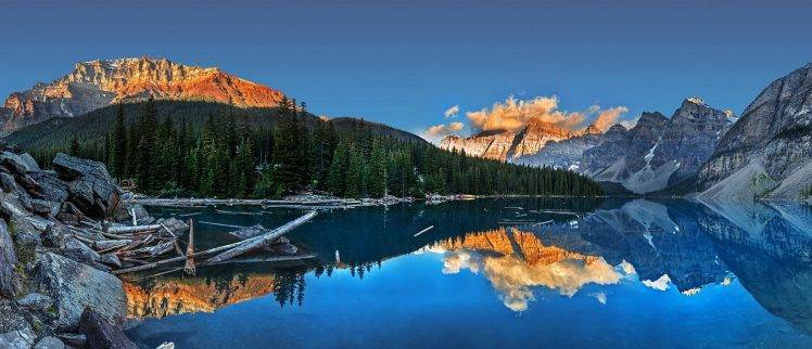 Moraine Lake, Sunset, Summer, Lake, Canada, Mountain, Water, Forest, Cliff, Reflection, Blue, Clouds, Nature, Landscape HD Wallpaper Desktop Background